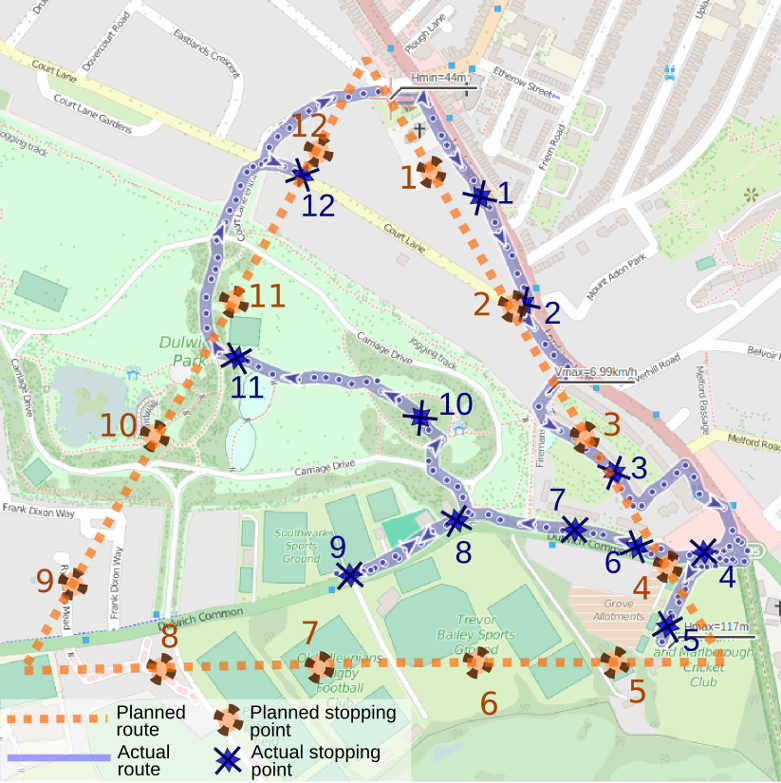 a map showing my planned and actual route on the datawalk.