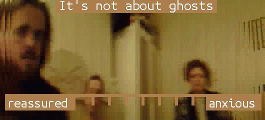 pixelated panoramic of three figures. Heading reads 'it's not about ghosts' and a scale goes from 'reassured' to 'anxious'.