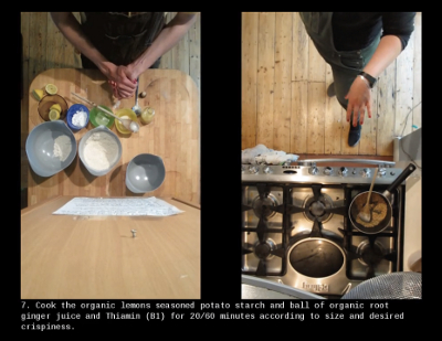 Still from split screen video, where an algorecipe dish is made